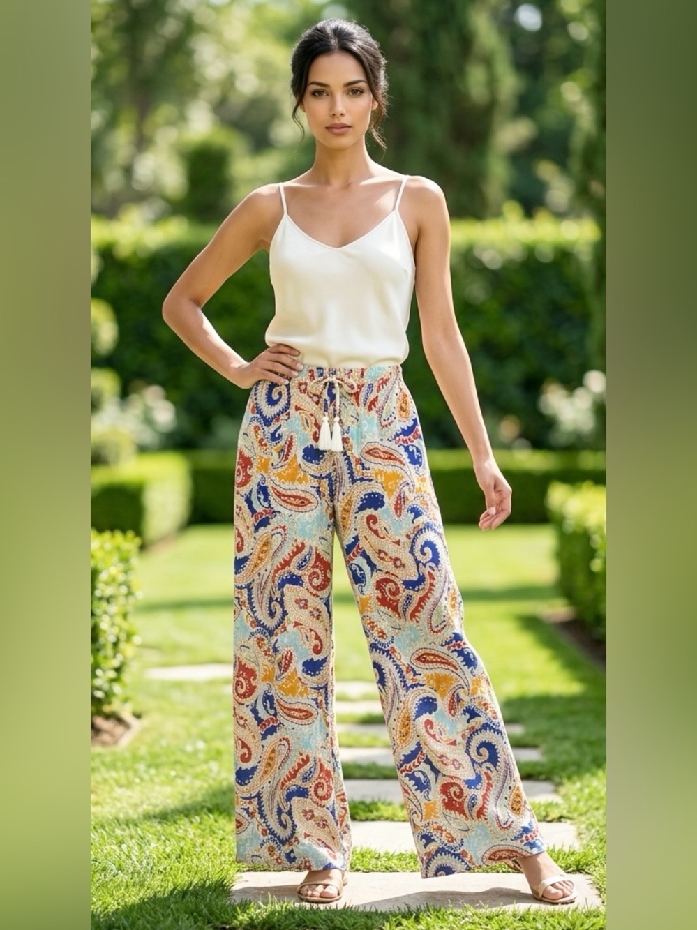 Ladies Rachel Roy Wide Leg Lightweight Pants Multicolor Paisley Size L NWT